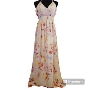 Crystal Doll light Pink Floral Chiffon sleeveless  V-neck Maxi Dress